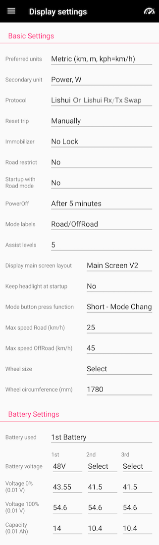 EggRider V2 Rad Runner display settings screenshot RadRunner EggRider Display settings