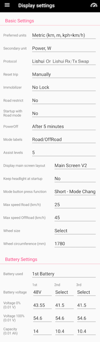 EggRider V2 Rad Runner display settings screenshot RadRunner EggRider Display settings