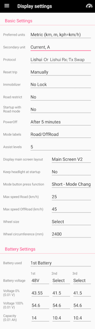EggRider V2 Rad Wagon display settings screenshot RadWagon EggRider Display settings